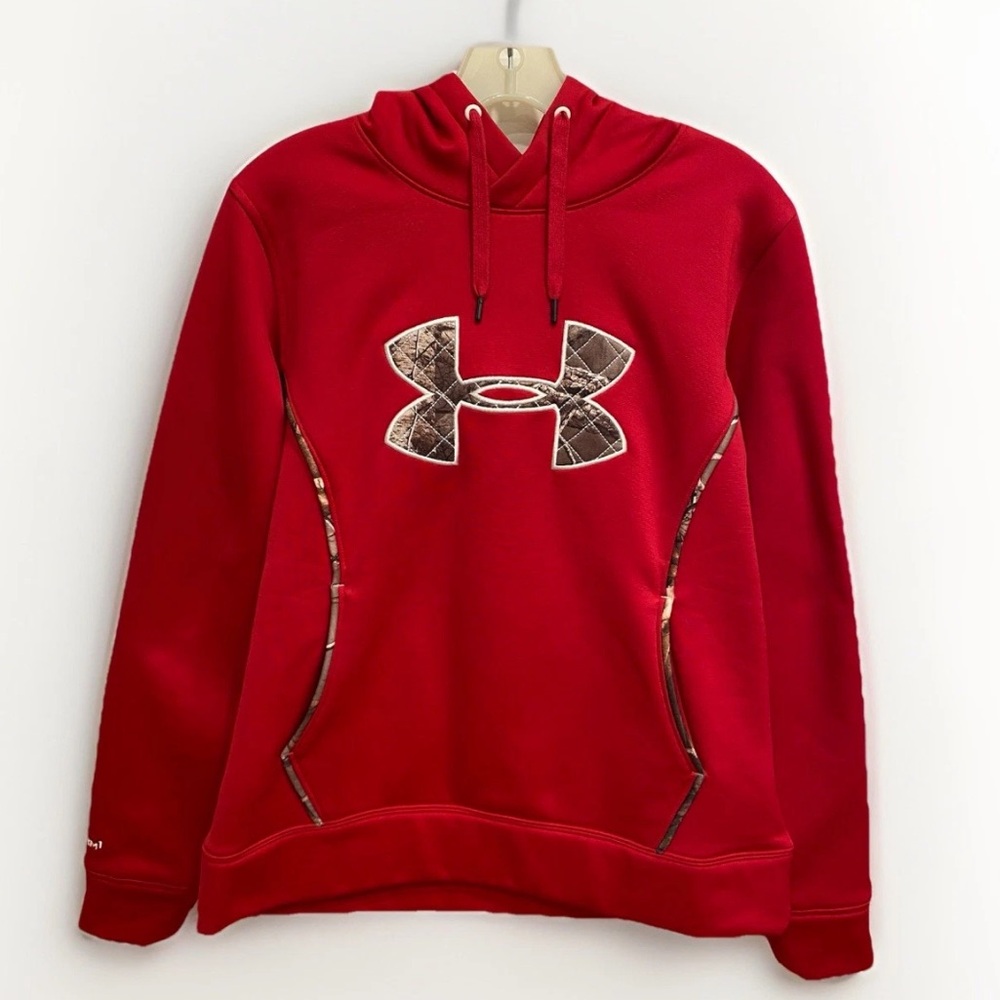 Under Armour Storm 1 Hoodie Cold Gear Womens Sz Med Red Camo Kangaroo Pocket